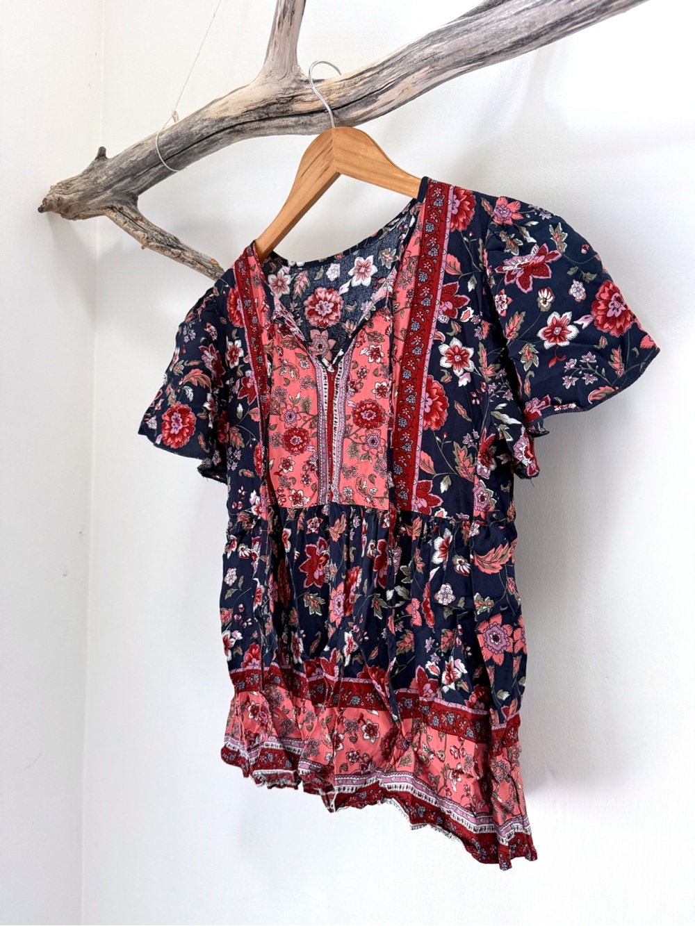 Shein | Women’s Boho Navy Coral Bohemian Floral Blouse Top Viscose Medium GUC - Picture 3 of 8